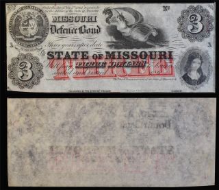 Confederate Missouri $3 Civil War Defense Bond Fresh Unissued 186_,  Act Of 1861 photo