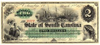 1872 Two Dollars Uncirculated Obsolete Currency State Of South Carolina photo
