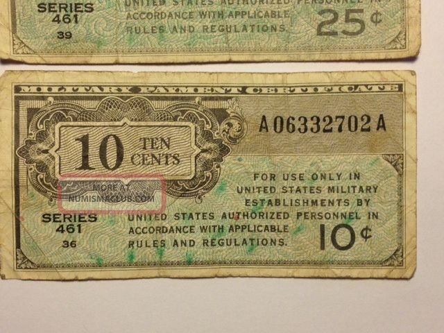 Military Payment Certificates Series 461 Two Bills