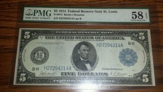 $5 1914 St.  Louis==fr 874==perfect Type Note 58 Choice Unc. photo