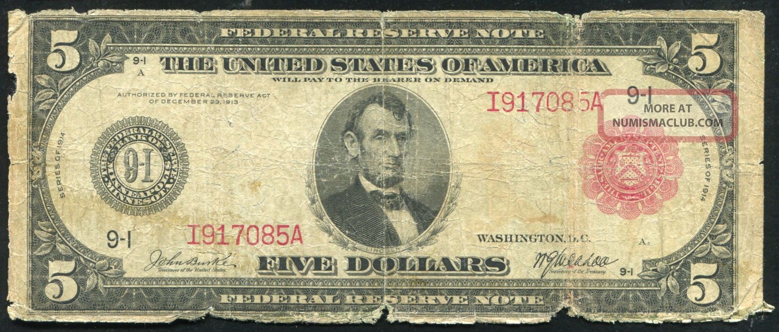 Fr.  840b 1914 $5 Five Dollars Red Seal Frn Federal Reserve Note Scarce Large Size Notes photo