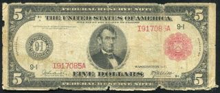 Fr.  840b 1914 $5 Five Dollars Red Seal Frn Federal Reserve Note Scarce photo
