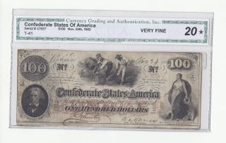 1862 $100 Confederate States Of America Cga Cert.  Vf 20 photo