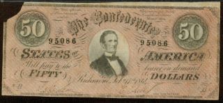 1864 Confederate States Of America $50 Note Type 66 Jefferson Davis Survivor photo