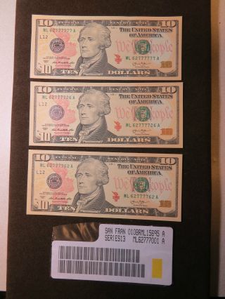$10 Us Dollar Bank Note Combo Near Solid - Bookend - Radar Ml627777 - - A photo
