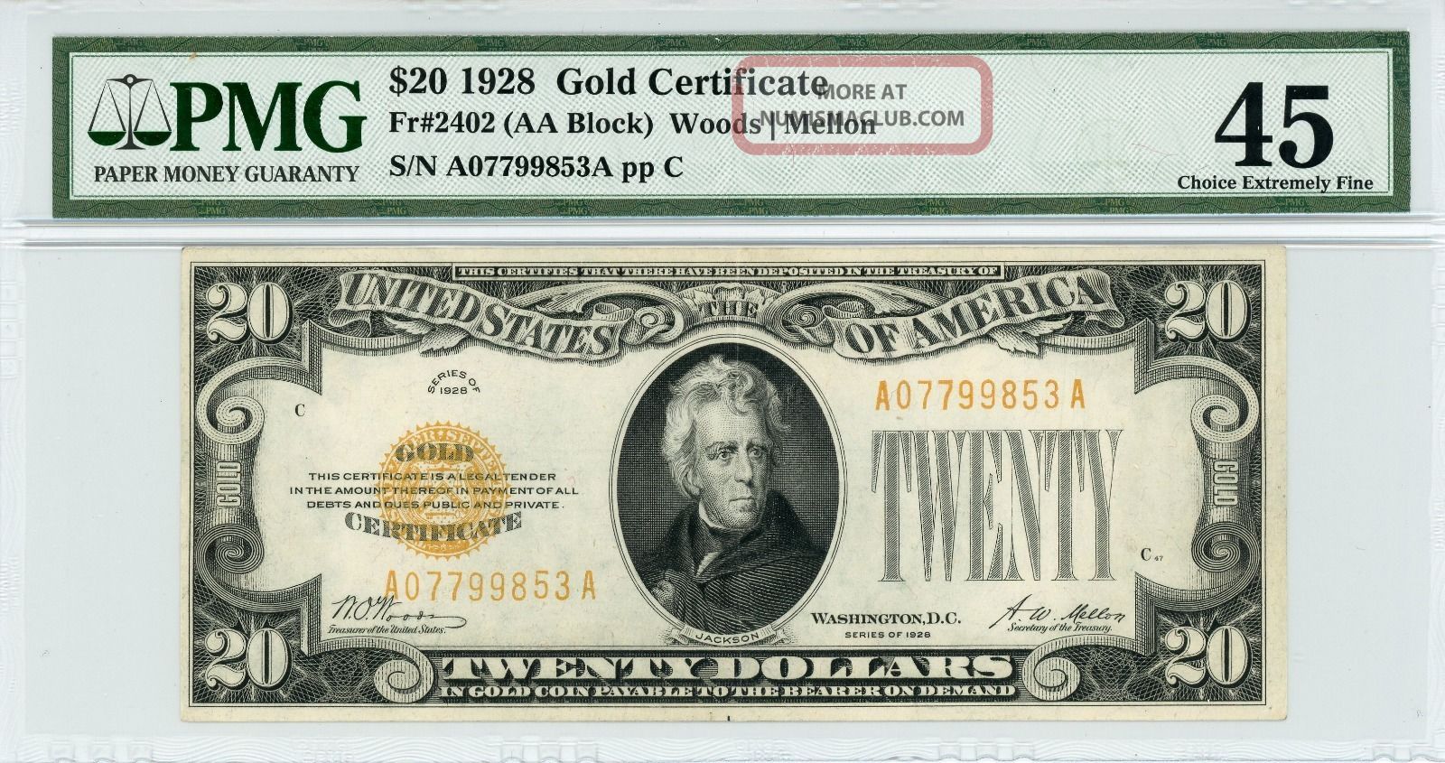 1928 Fr.  2402 (woods | Mellon) $20 U.  S.  Gold Certificate Note - Pcgs Ch.  Xf 45 Small Size Notes photo