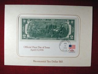 1976 Two Dollar Bicentennial Bill,  Official 1st Day Of Issue photo