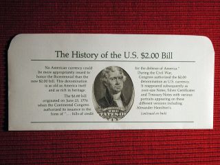 1976 Two Dollar Bill Green Seal Bicentennial Issue In A $2 Bill History Envelop photo
