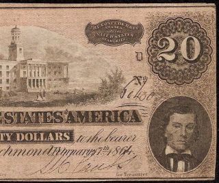 1864 $20 Dollar Bill Confederate Currency Civil War Era Note Paper Money T - 67 photo