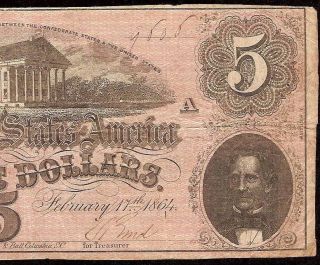 1864 $5 Dollar Bill Confederate States Currency Civil War Note Old Paper Money photo