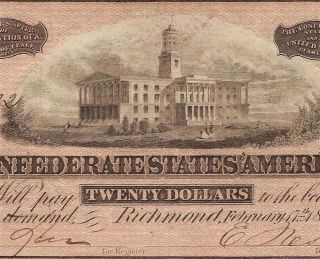 Unc 1864 $20 Dollar Bill Confederate States Currency Civil War Note Paper Money photo