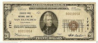 $20.  00 Circulated 1929 National Bank Note Type 1 - San Francisco Charter 1741 photo