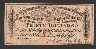 $30 Confederate Csa Certificate Frm $1000 Civil War Dixie Bond Tyler Horse Sc Nc photo