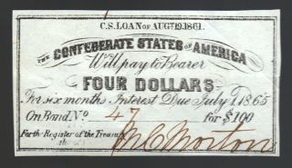 $4 1861 Csa Interest Certificate $100 Bond Morton Antique Civil War 150 Yrs Old photo