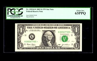 Fr.  1929 - K 2003 $1 Fw Star Note Federal Reserve Note Choice 63ppq Repeater photo