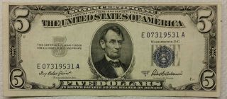 1953 - A $5.  00 Silver Certificate Blue Seal Note Five Dollar Bill Look photo