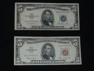 Us $5 Silver Certificates 1953 Blue Seal & 1963 Red Seal photo