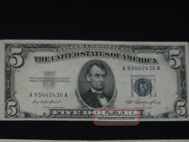 Us $5 Silver Certificates 1953 Blue Seal 1963 Red Seal