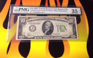1934 $10 Federal Reserve Note Kc Pmg 35 Epq Fr 2005 - J (ja Block) Dark Green photo