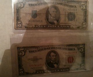 1934 A 5 Dollar Bill Silver Certificate Blue Seal,  A 1953b Red Seal photo