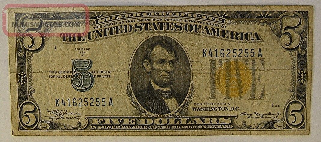 1934 A $5 Silver Certificate Yellow Seal North Africa Five Dollars