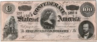 1864 $100 Confederate Note - Richmond,  Virginia - Almost Uncirculated - Series 1 photo