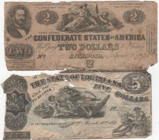 1862 $2 Confederate States Of America & 1863 $5 State Of Louisana Confederate photo