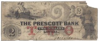 1856 $2 Bank Of Prescott - - Lowell,  Ma Fine Confederate Era Obsolete Currency photo