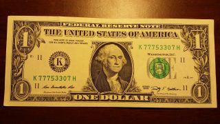 Lucky 777 Fancy Note 2009 One Dollar Serial Number K 77753307 H photo