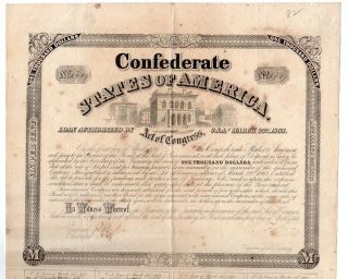 1863 $1000 The Confederate States Of America Bond - Civil War Era W/ 7 Coupons photo