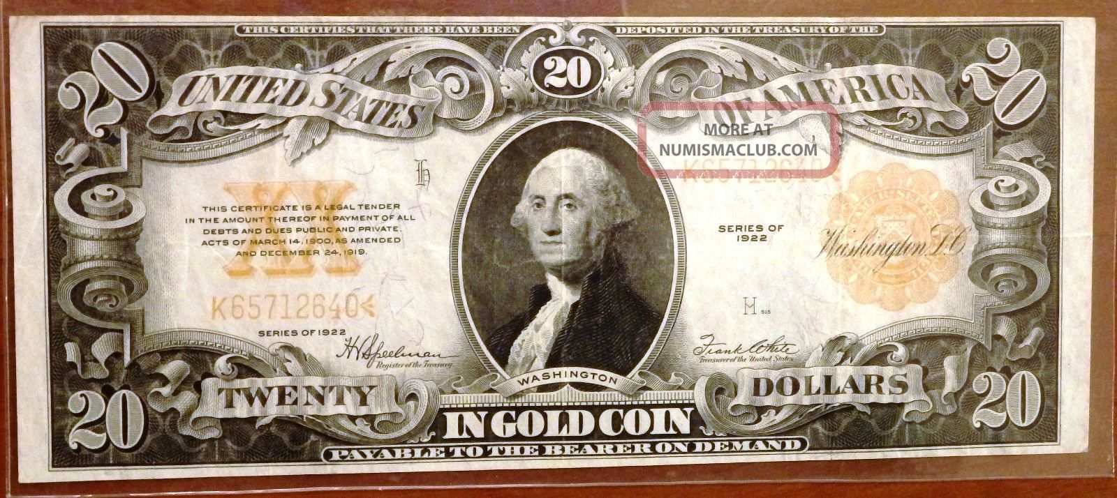 1922 $20 Twenty Dollar Gold Coin Certificate Large Size Notes photo