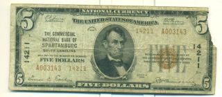 1929 $5 Commercial National Bank Of Spartanburg South Carolina 14211 Type 2 photo