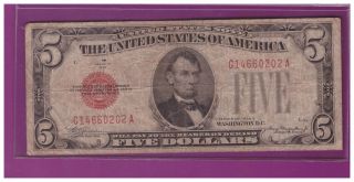 1928c 5 Dollar Bill Old Us Note Legal Tender Paper Money Currency Red Seal L166 photo