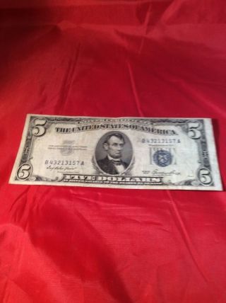 Us Currency 1953 A Lincoln $5 Dollar United States Note Blue Seal. photo