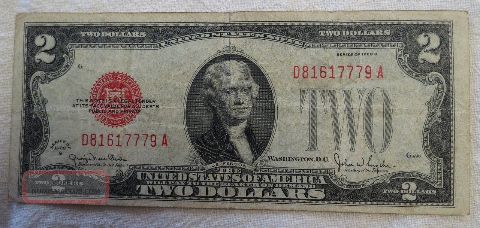 1928 G 2 Dollar Bill Note Circulated