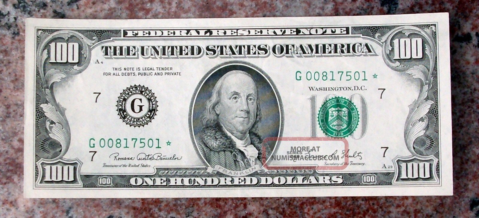 Series 1969c Unc Us 100 One Hundred Dollar Federal Reserve Star Note 