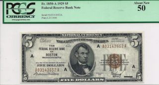 1929 $5 Federal Reserve Bank Note Boston (fr 1850 - A) 
