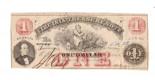 1862 $1 Obsolete Currency Virginia Treasury Note Confederate Currency Letcheri. photo