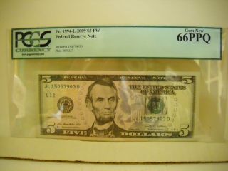 2009 $5 Fw Federal Reserve Note - - - Pcgs Gem 66ppq - - - photo