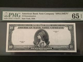 1929 $10 Specimen Note Ny - Pmg Gem Unc 65 Epq - American Bank Note Co photo