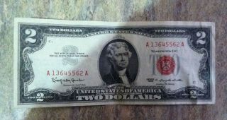 Vintage Us Circulated Two Dollar Bill photo