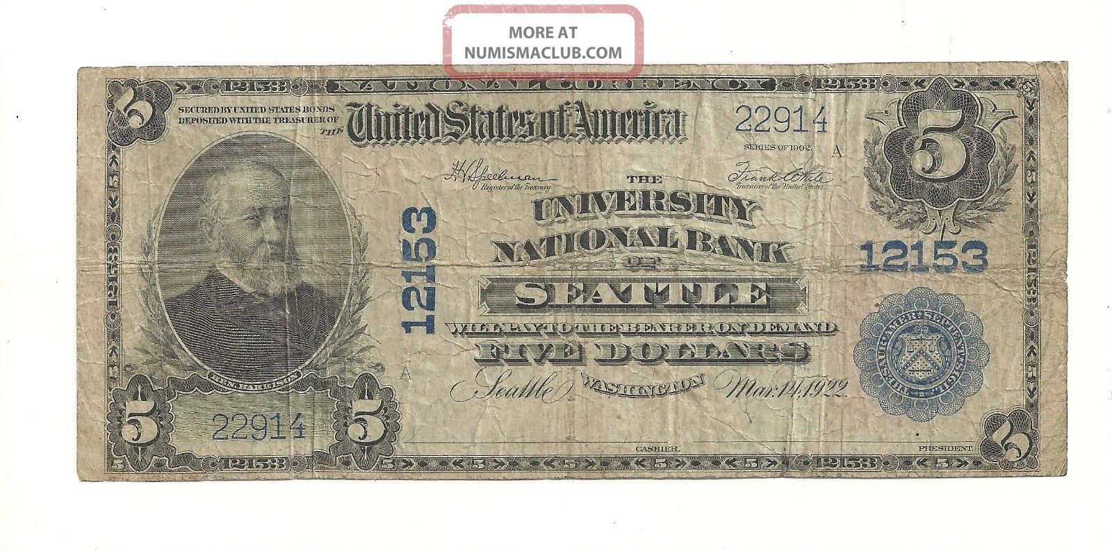 Series 1902 Unsigned $5 Natonal Currency University National Bank Of Seattle Paper Money: US photo