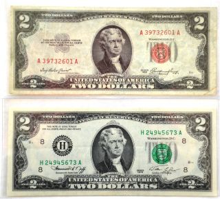 1953 Red Seal 2 And 1976 Green Seal 2 Dollar Bills Crisp In Plastic Holders photo
