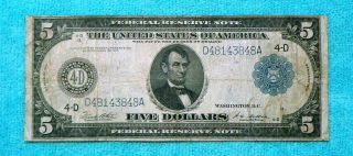 1914 $5 Frn Of Cleveland 4 - D White - Mellon Da Block Large Note Blue Seal photo