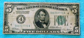 1928 $5 Redeemable In Gold On Demand Note Number 4 Cleveland - Da Block G1 photo