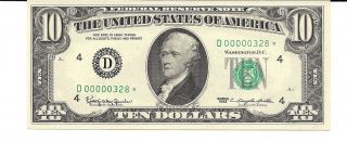 1963 $10 Federal Reserve Note Cleveland District Star Note D00000328 Gem Unc photo
