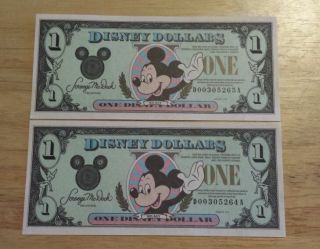 1991 $1 Mickey Disney Dollar Castle Back Walt Disney World D Series 2 Bills Seq photo