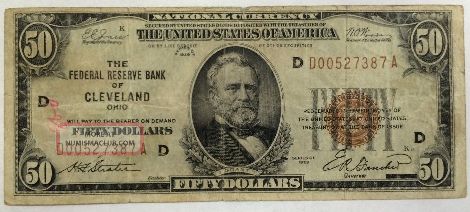 Series 1929 $50 Federal Reserve Bank Cleveland Ohio National Currency Small Size Notes photo