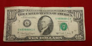 Us Currency Federal Reserve Note 10.  00 1969a.  (error & 44 Years Old) photo