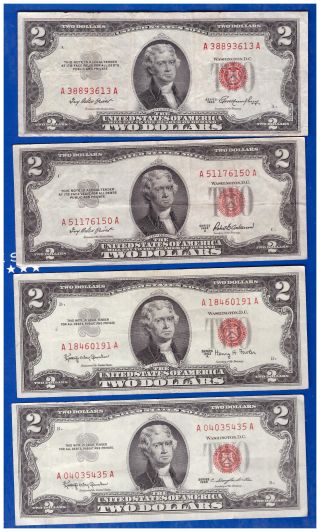 (4) 2 - 1953& 2 - 1963 Old Us Note Legal Tender Paper Money Currency Red Seal P92 photo
